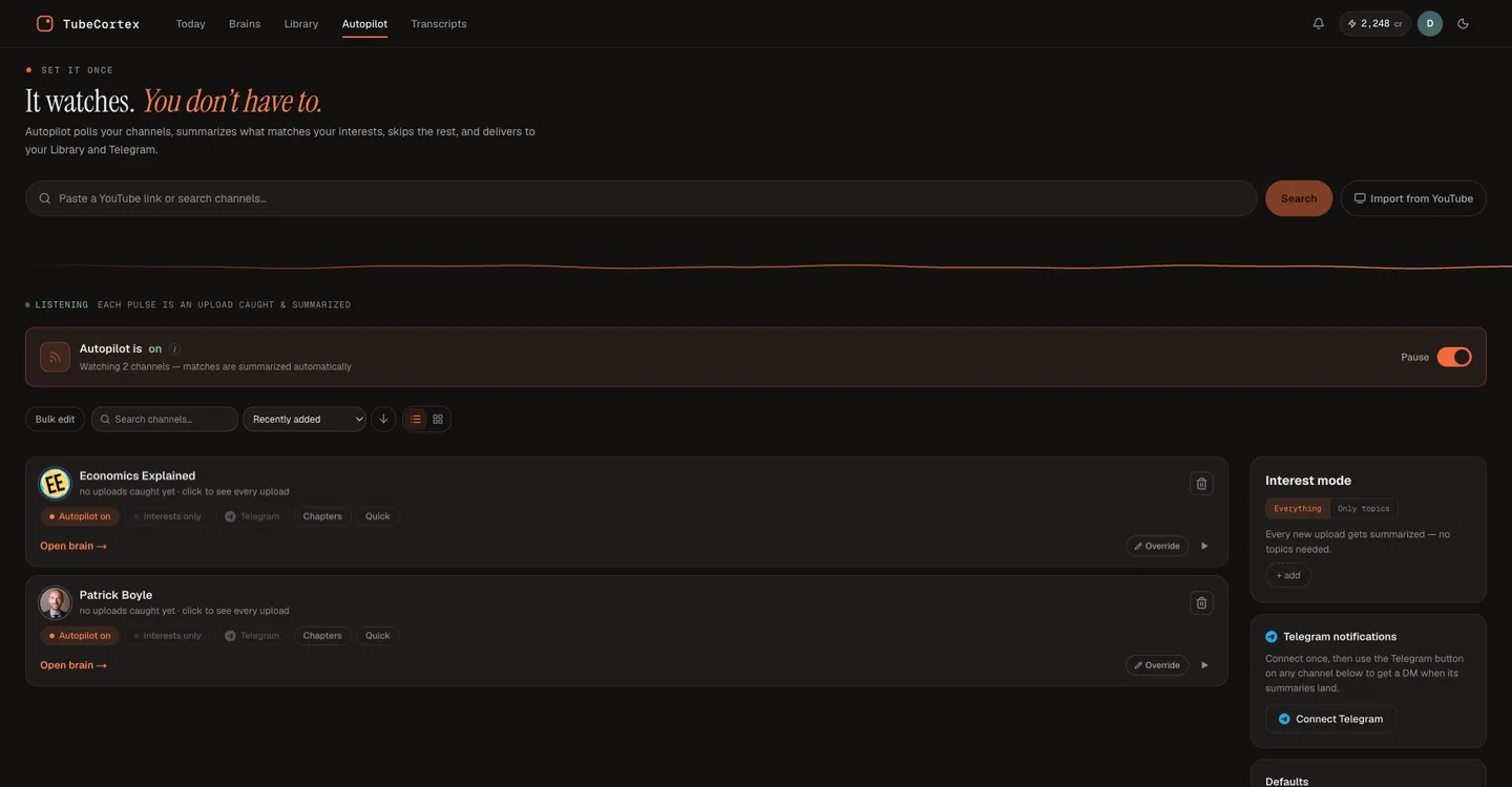 TubeCortex's Autopilot page, with a bar to paste a YouTube link or search channels, and two channels on Autopilot