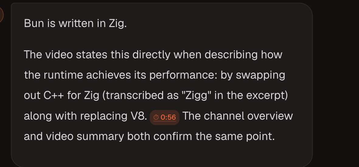 A chat answer citing the exact fact with a clickable timestamp chip