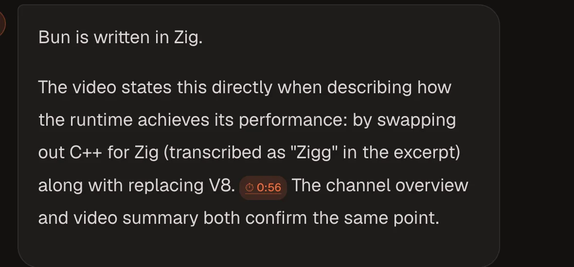 A chat answer citing the exact fact with a clickable timestamp chip
