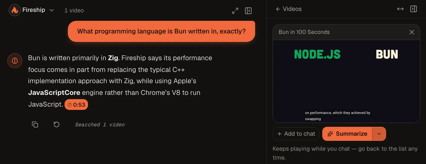 Clicking the 0:53 chip under a TubeCortex answer opens the Fireship video beside the chat, starting at that moment