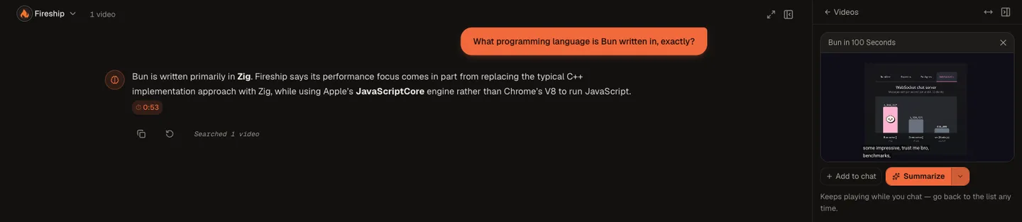 A TubeCortex answer saying Bun is written primarily in Zig, with a 0:53 timestamp chip and the source video open beside it