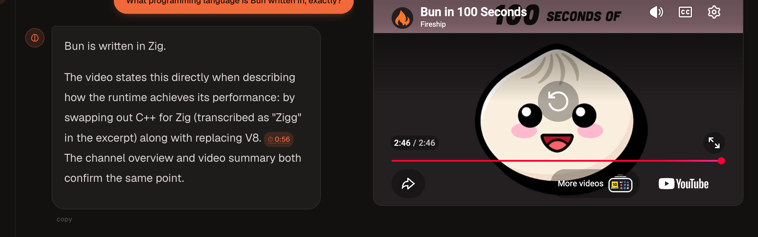Clicking a TubeCortex citation chip (⏱ 0:56) embeds the real YouTube player and jumps it to that exact second