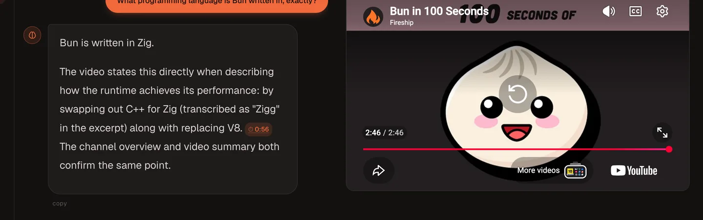 Clicking a TubeCortex citation chip (⏱ 0:56) embeds the real YouTube player and jumps it to that exact second