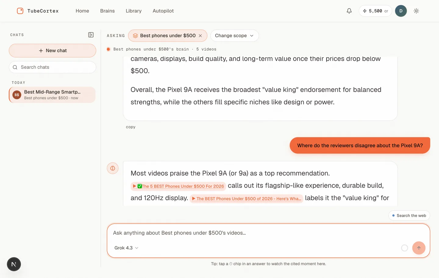 TubeCortex answer naming the Pixel 9A as the reviewers' pick, with clickable citations to each review video