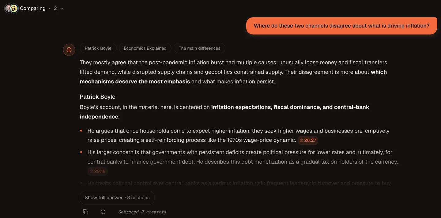 A real TubeCortex compare answer across the Patrick Boyle and Economics Explained brains, split by channel with a timestamp on each point