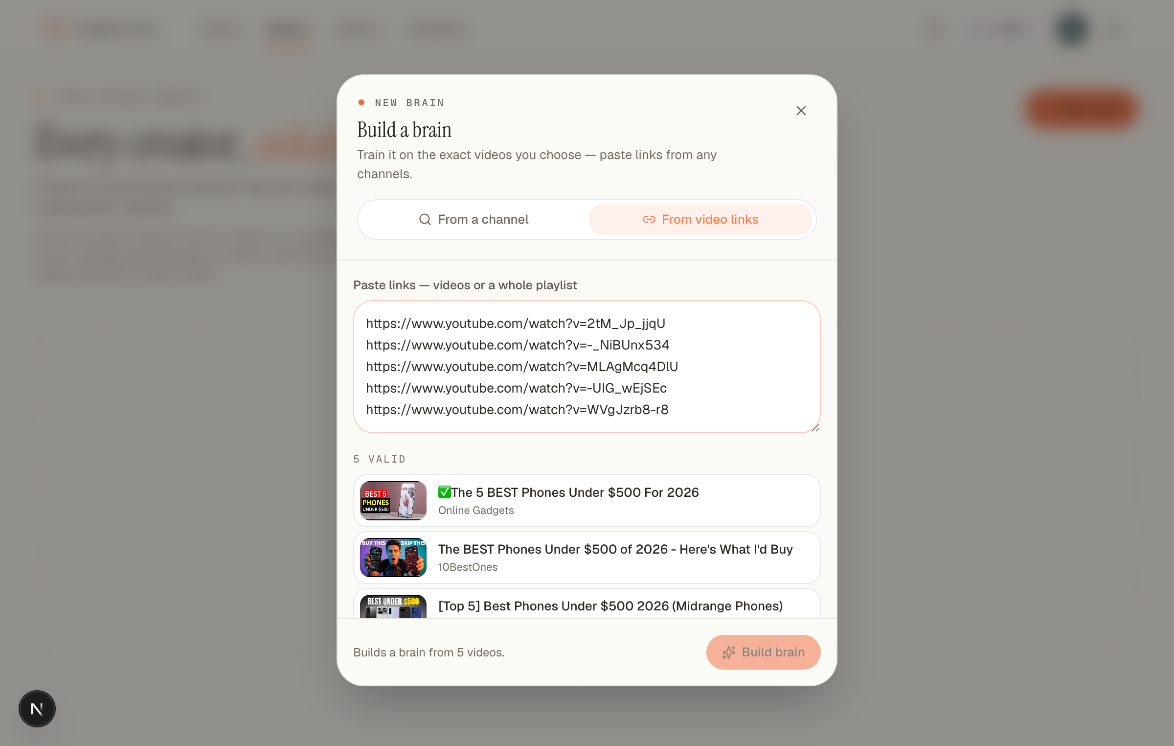Five pasted phone review links resolved to 5 valid videos, ready to build into a brain