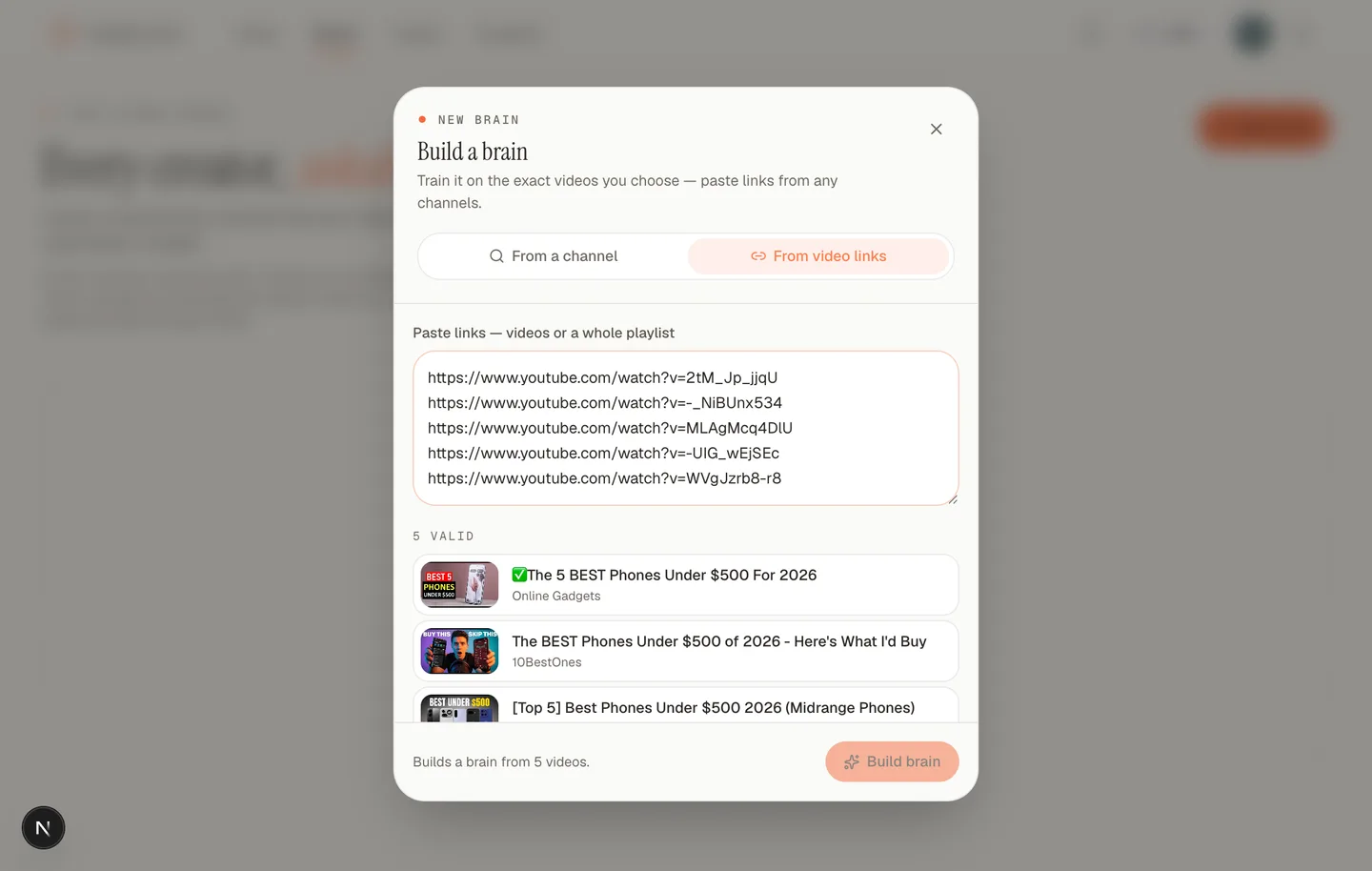 Five pasted phone review links resolved to 5 valid videos, ready to build into a brain