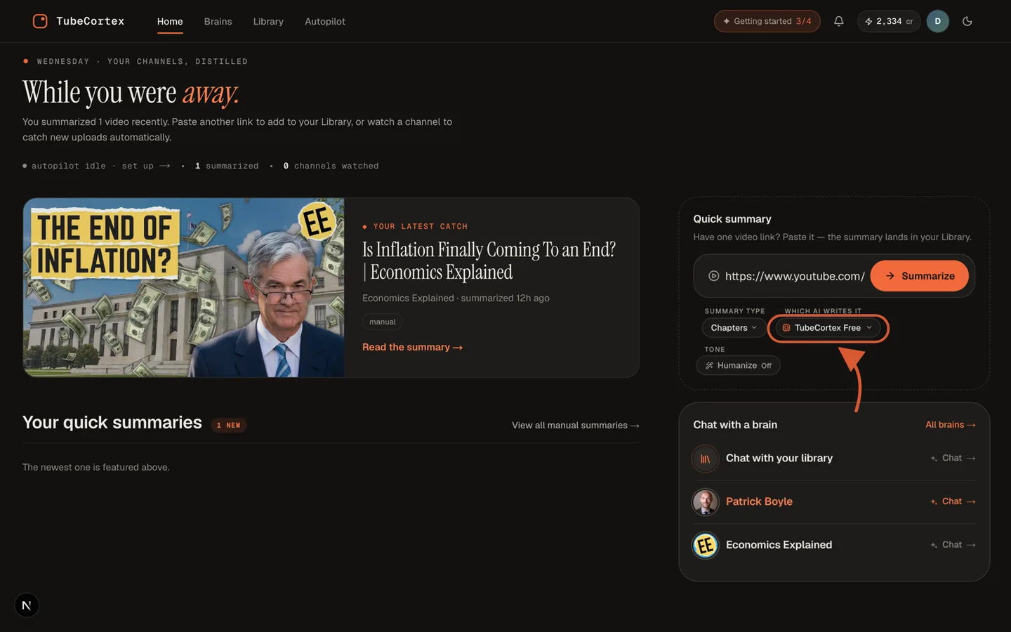 The TubeCortex home page with a YouTube link pasted into the Quick summary box and TubeCortex Free selected as the AI