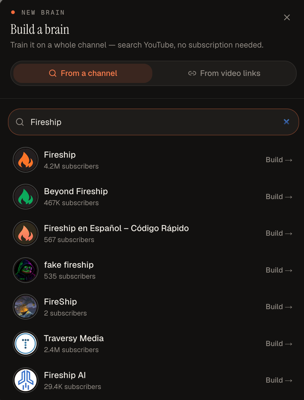 The TubeCortex New brain modal with "Fireship" typed into the channel search box and matching YouTube channels listed, each with a Build button