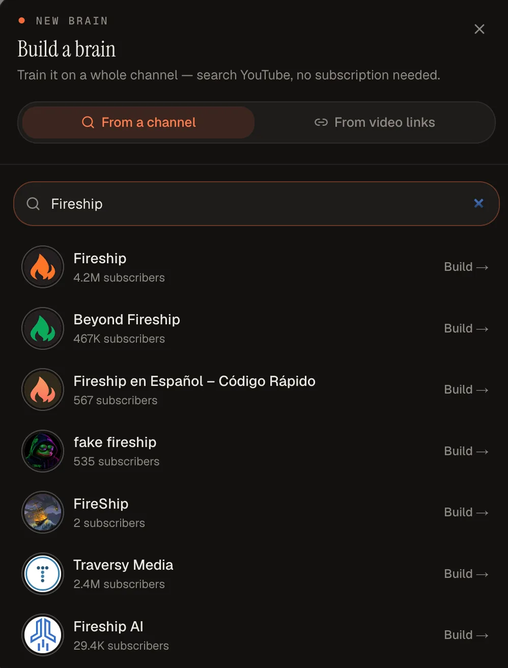 Searching for a channel by name in TubeCortex's new-brain screen, with real YouTube search results showing subscriber counts