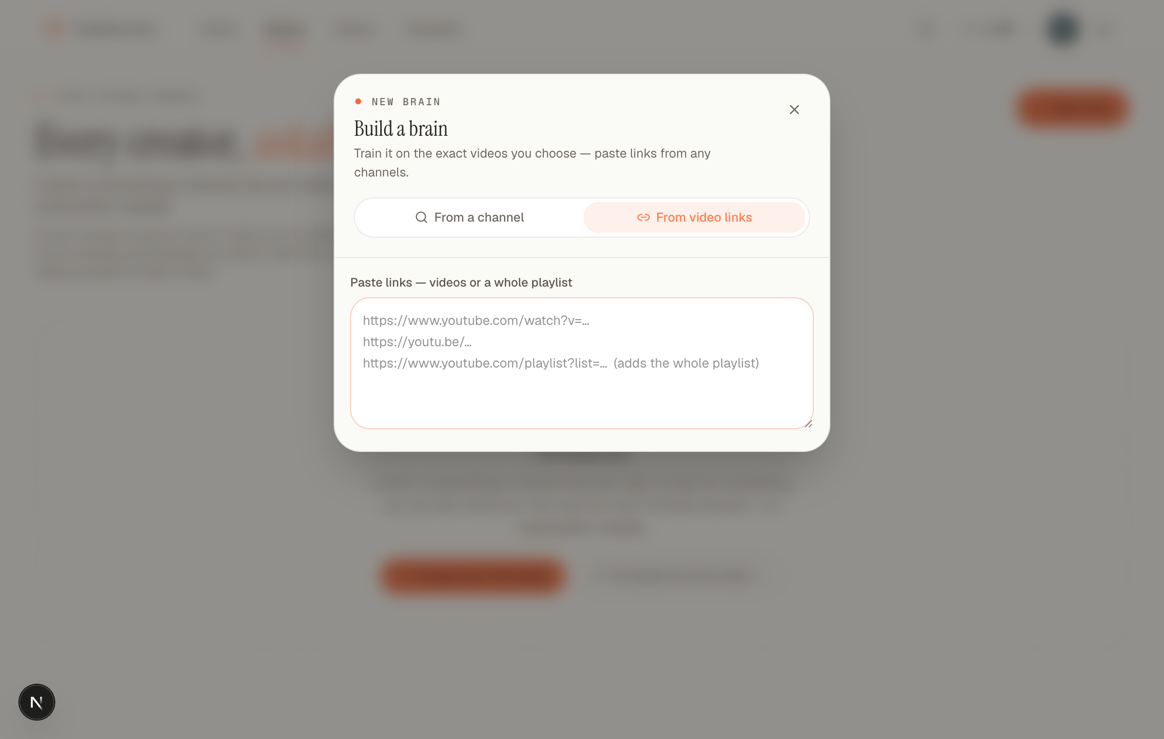 TubeCortex Build a brain dialog with the From video links tab selected