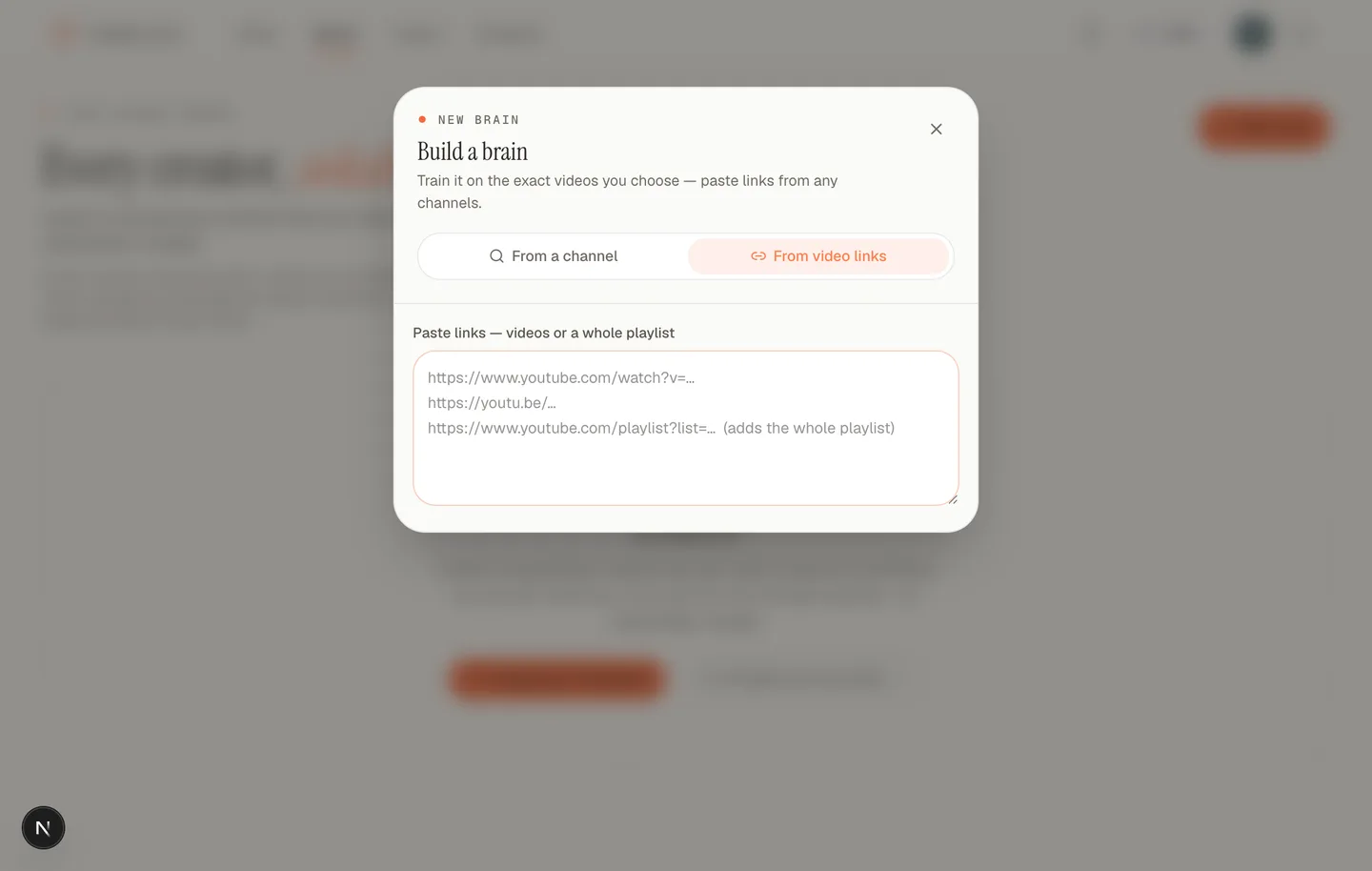 TubeCortex Build a brain dialog with the From video links tab selected