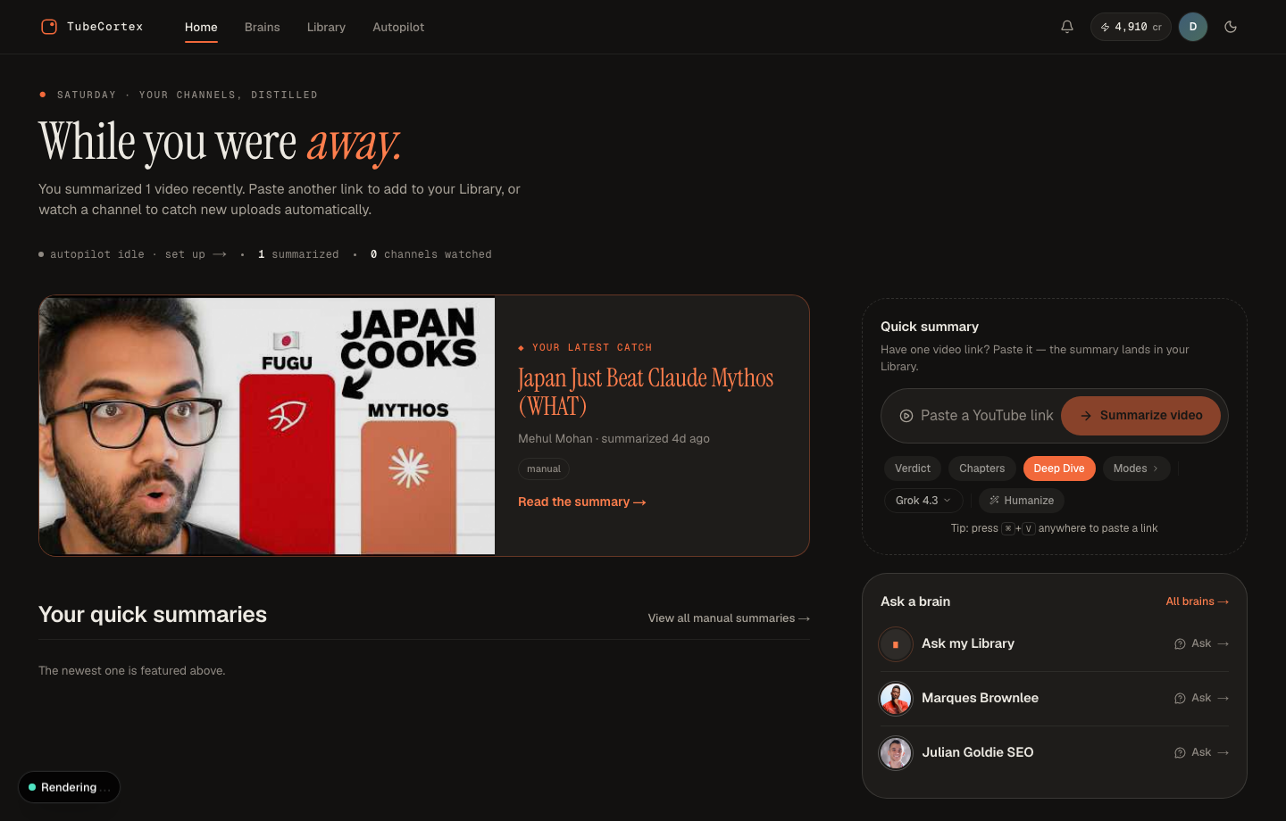 The TubeCortex home page greeting a returning user with "While you were away," showing the latest automatically summarized video and an Ask my Library shortcut