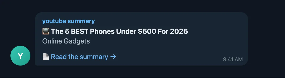 a Telegram message showing a new video's title, its channel, and a link to read the summary