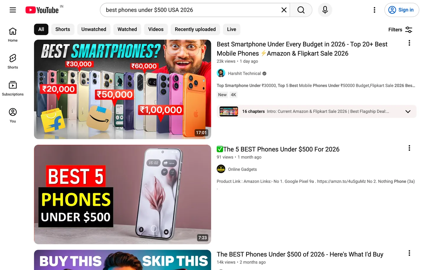 YouTube search results for best phones under $500 USA 2026, the five review videos to copy