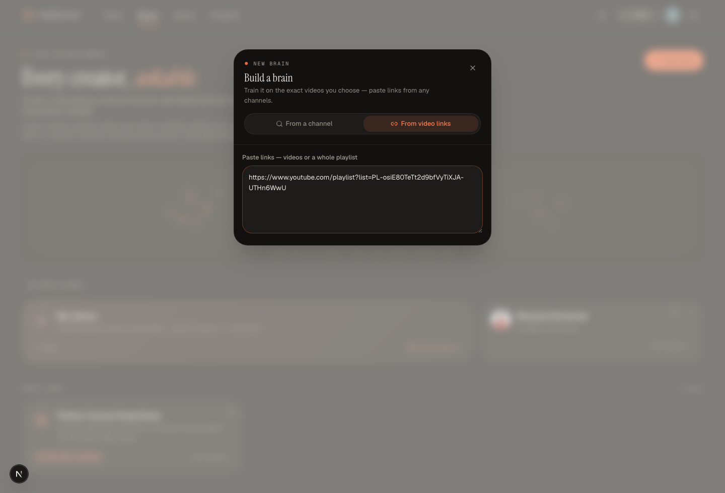 TubeCortex new brain modal with a YouTube playlist link pasted