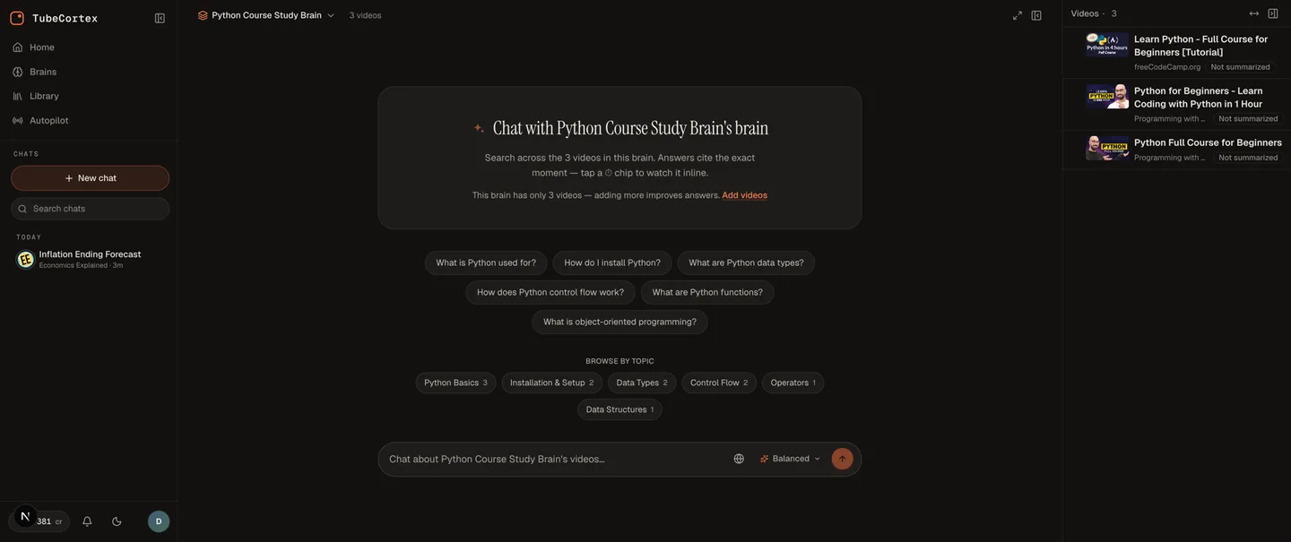 TubeCortex custom study brain chat for a YouTube course playlist