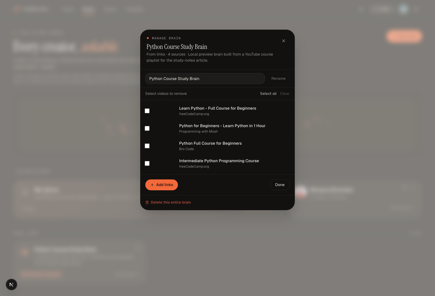 TubeCortex manage brain modal listing course videos from a playlist