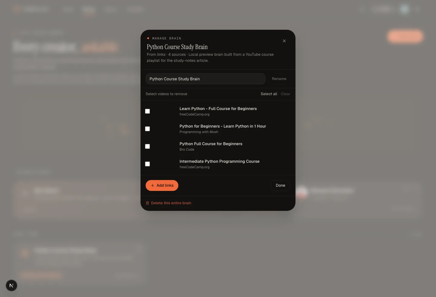 TubeCortex manage brain modal listing course videos from a playlist