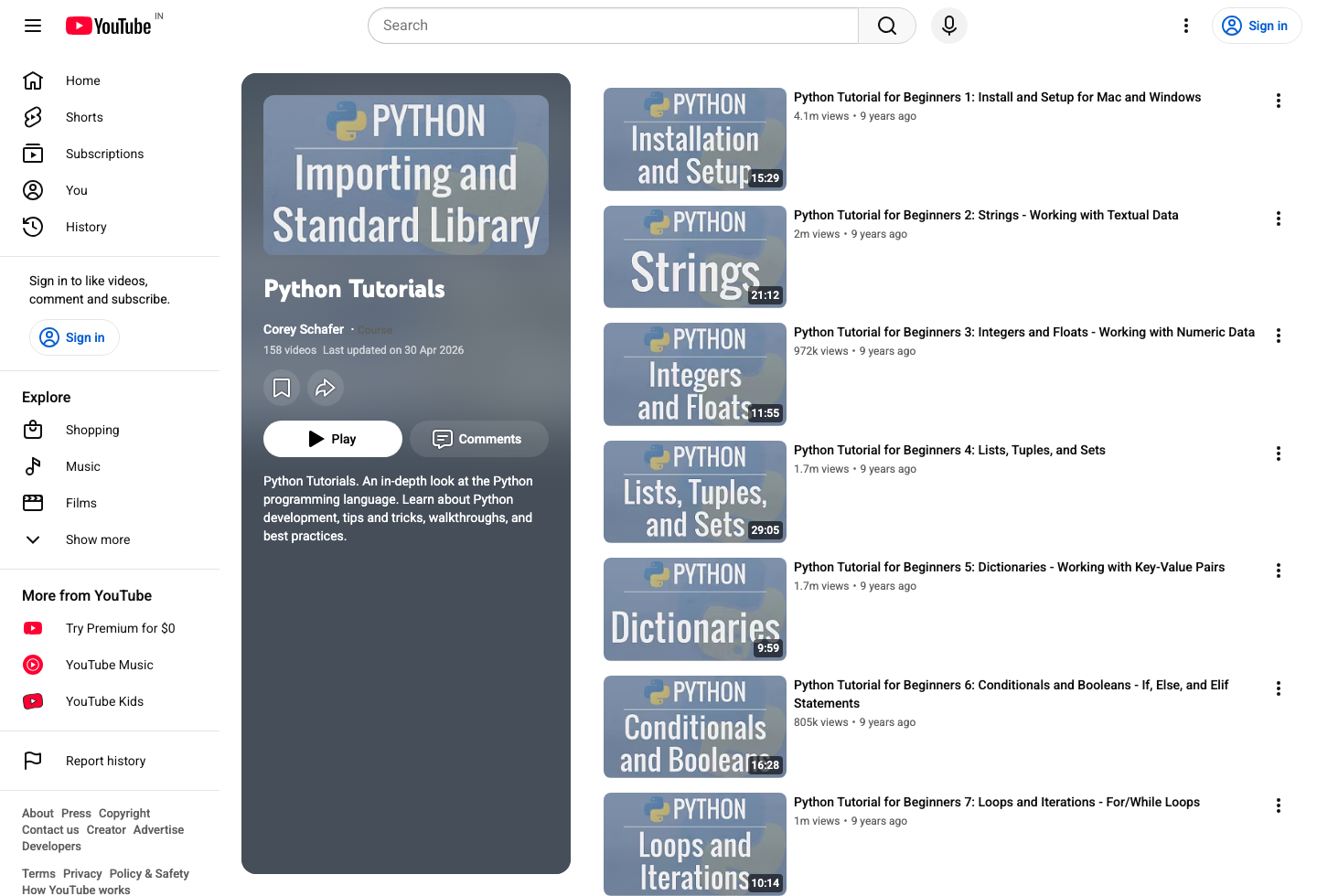 YouTube playlist page for Python tutorials