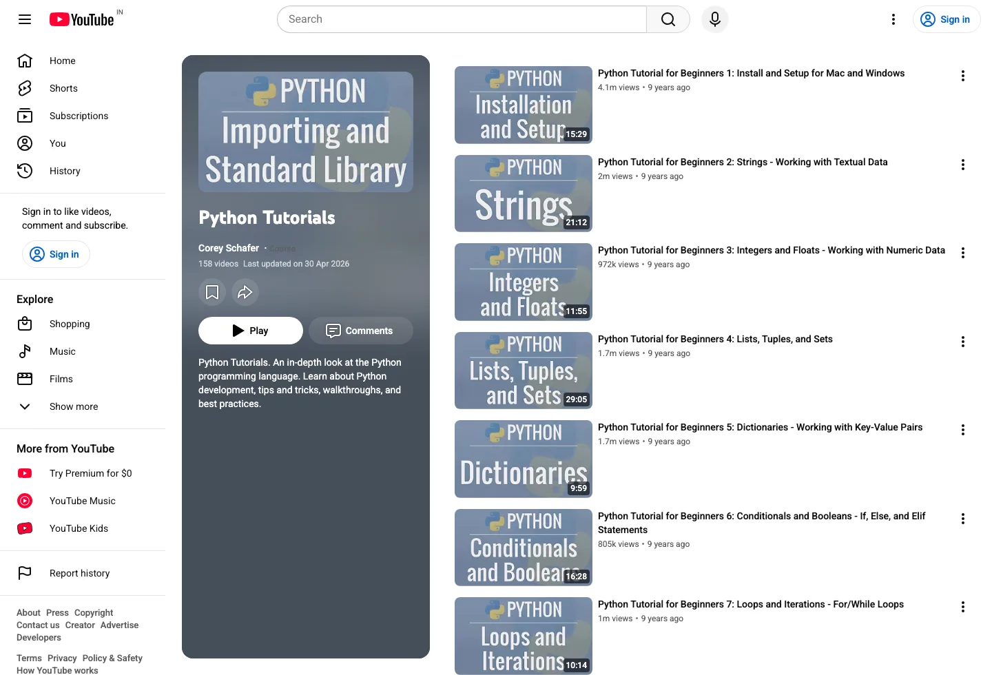 YouTube playlist page for Python tutorials