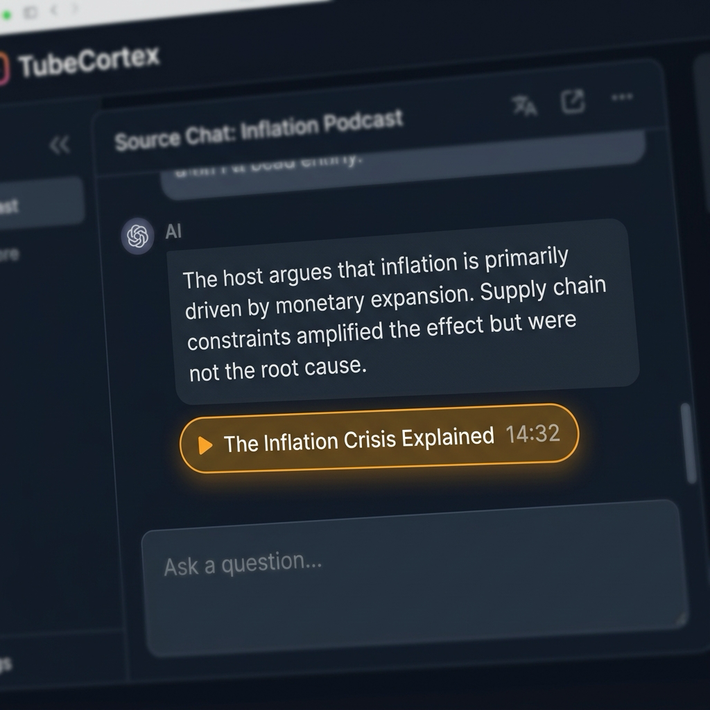 A TubeCortex answer with an amber citation chip reading "The Inflation Crisis Explained, 14:32". The researcher can click the chip to jump to that exact moment in the video.