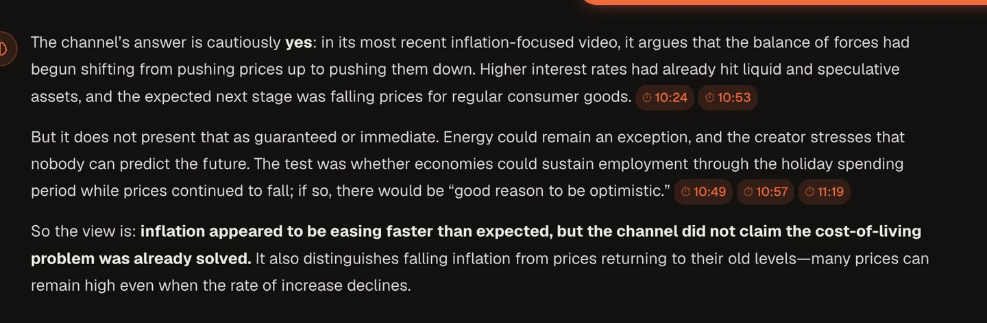 A TubeCortex answer about inflation with timestamp chips, such as 10:24 and 11:19, at the end of its cited sentences