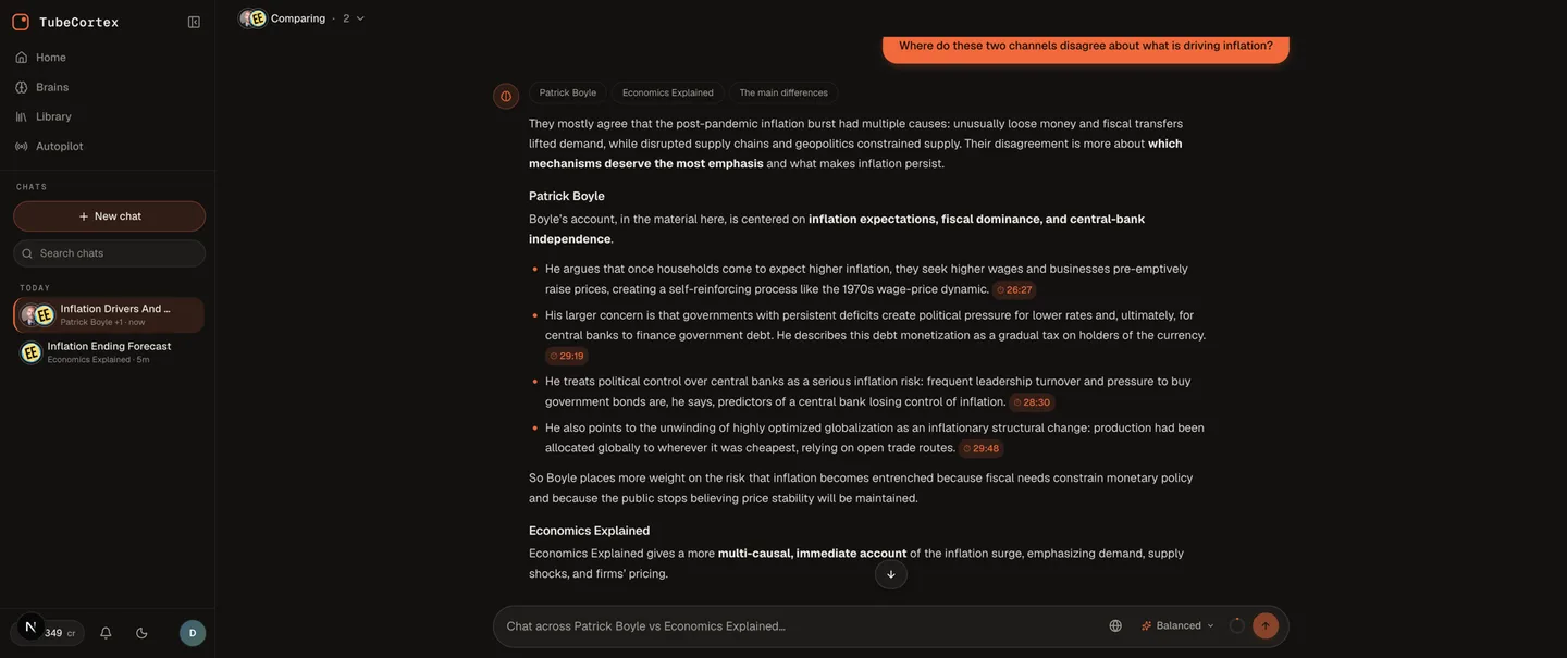TubeCortex Compare answering one question across two YouTube channel brains, with a section per channel and timestamps
