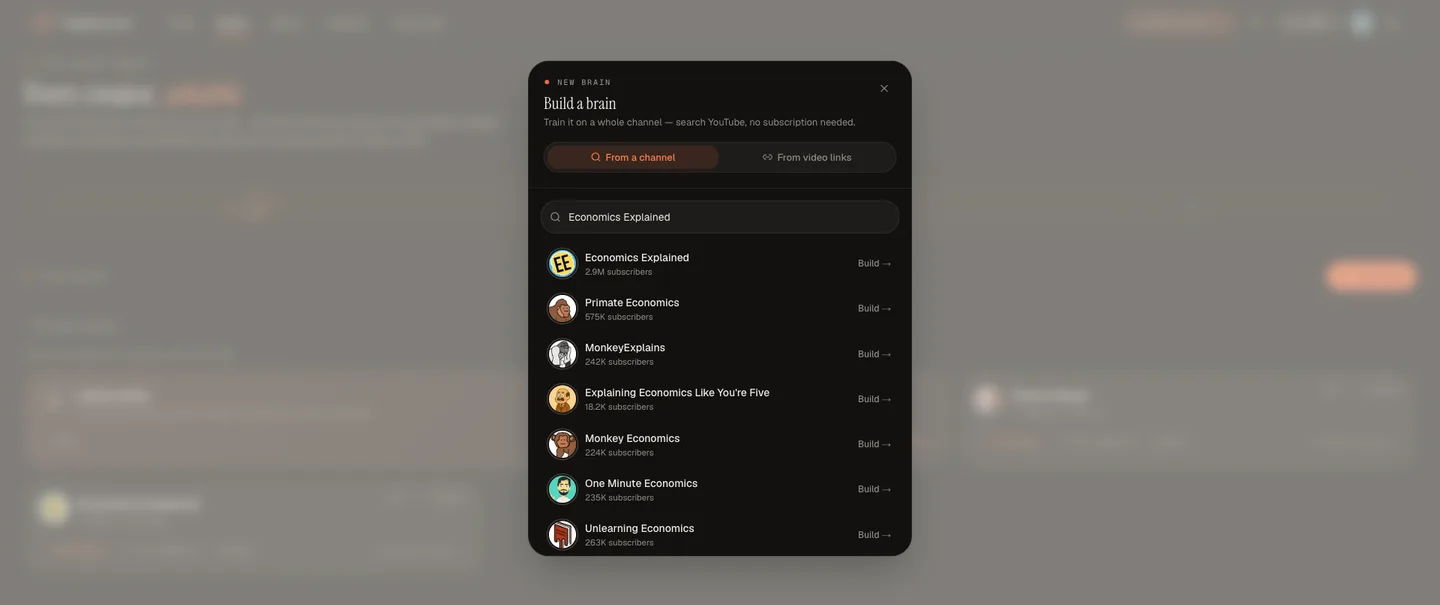 TubeCortex Build a brain window searching YouTube channels by name, with a Build button beside each result