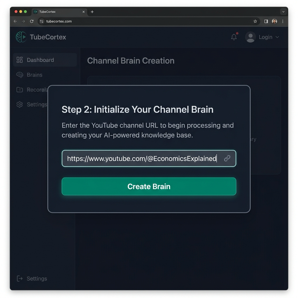 Paste a YouTube channel link into TubeCortex to create a research brain. Press Enter and TubeCortex begins pulling what each video covers.