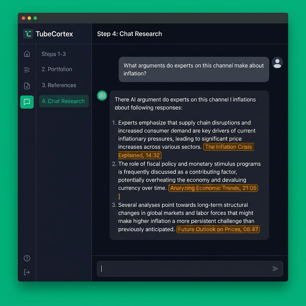 TubeCortex answers the research question and includes a citation chip showing the video name and timestamp, so the researcher can verify the claim directly.
